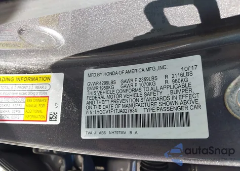 2018 Honda Accord Lx из США, поврежденный, VIN 1HGCV1F17JA027634